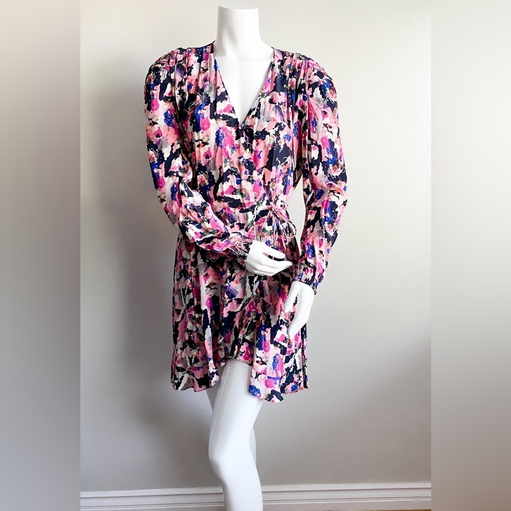 $435‼️IRO Bloomy Printed Pleated Long Sleeve Wrap Ruffle Mini Dress Watercolor 8 - Picture 6 of 13